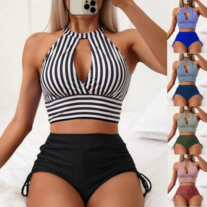 New Multi-Color Two-Piece Swimsuit, High-End Hollow-Out Swimwear, Bikini Striped Set - Image 2